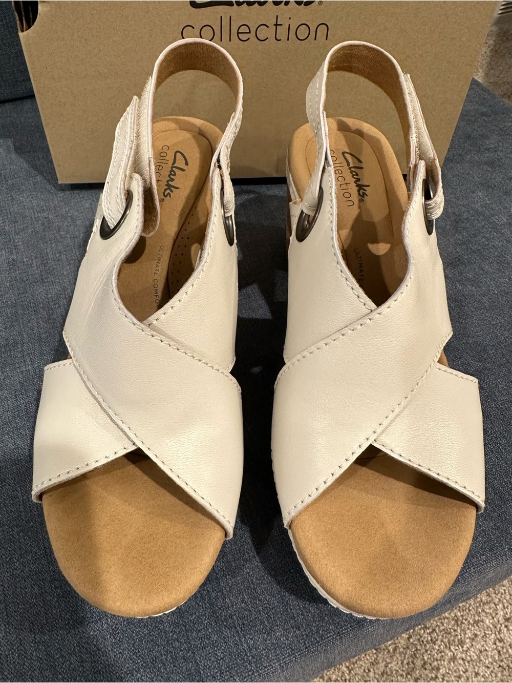 Clarks Cream Leather Cross-Strap Slingback Wedge Sandals - Picture 2 of 8